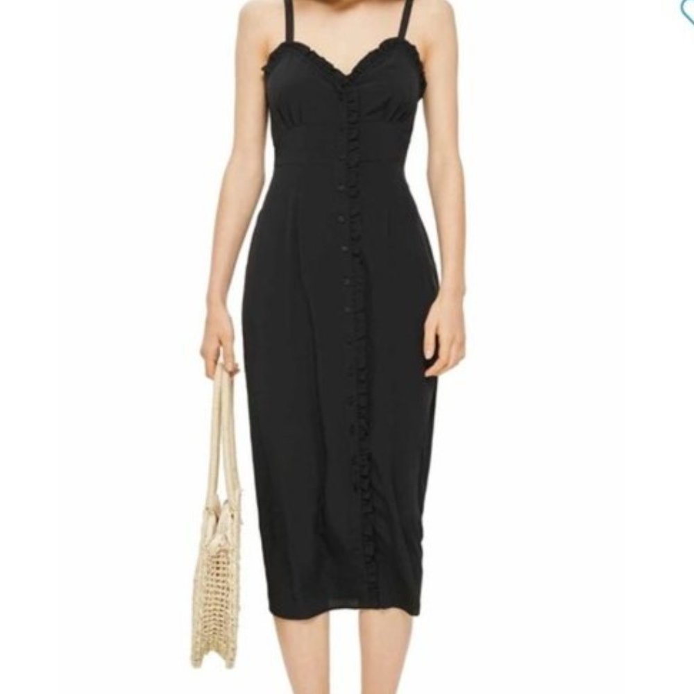 Topshop Black Ruffle Button Front Midi Dress